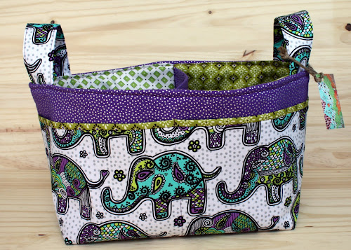  Made with Moxie: Divided Baby Basket| Purple and green funky elephant print fabric.