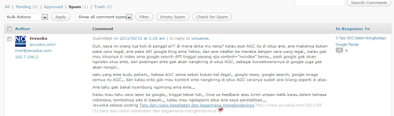Screenshot komentar Jevuska di folder spam Screenshot komentar Jevuska di folder spam