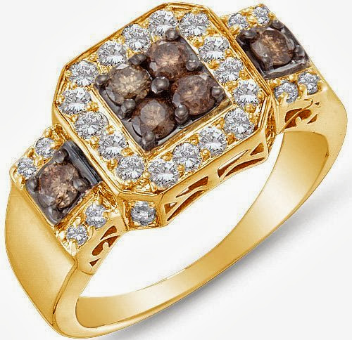 Size 6.5 - 14K Yellow Gold Halo Channel Set Round Brilliant Cut Chocolate Brown and White Diamond Engagement Ring OR Fashion Band - Square Princess Shape Center Setting - (1.00 cttw.)