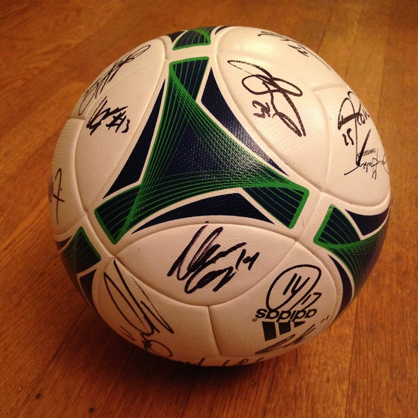 Sounders FC soccer ball that has been autographed by the 2014 squad!
