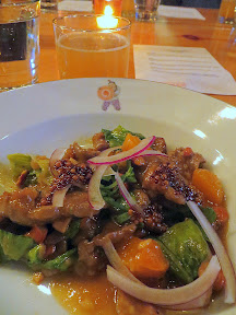 Flank steak and apricots, mustard seed, red onion, parsley + Sour ApriHot (sour golden ale aged on Apricots), Smallwares PDX, Breakside Brewery, Smallwares and Breakside Beer Dinner
