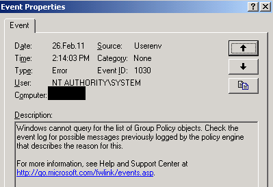 event username 1030 and 1058 server 2003