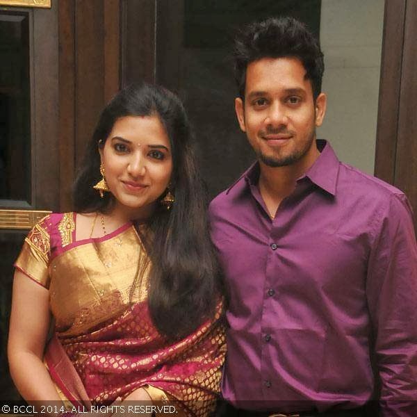 Jeshley and Bharath pose as they arrive for the wedding reception party of T Rajendar's daughter Elakkiya and Abhilash, held at The Leela Palace in Chennai.