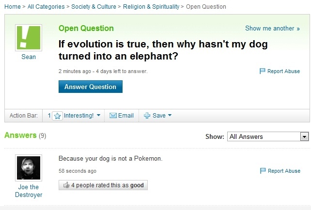 Evolution, Yahoo Answer