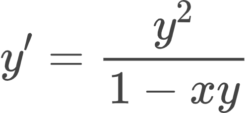 {"id":"2","font":{"size":10,"color":"#434343","family":"Arial"},"type":"align*","code":"\\begin{align*}\n{y^{\\prime }}&={\\frac{y^{2}}{1-xy}}\t\n\\end{align*}","ts":1603620024398,"cs":"YohUw45vsuu5eqfqfqSbTw==","size":{"width":84,"height":37}}