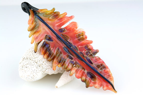 Coral Lampwork Feather Pendant by Lori Lochner