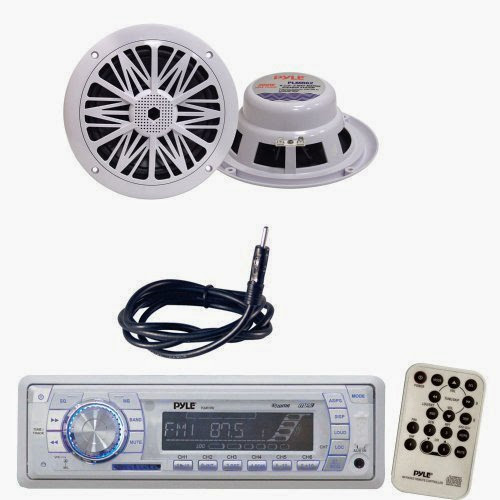  Pyle Marine Radio Receiver, Speaker and Cable Package - PLMR19W AM/FM-MPX PLL Tuning Radio w/SD/MMC Memory Card Slot w/USB  &  Weather Band - PLMR62 200 Watt 6.5'' 2 Way White Marine Water Resistant Speakers - PLMRNT1 22
