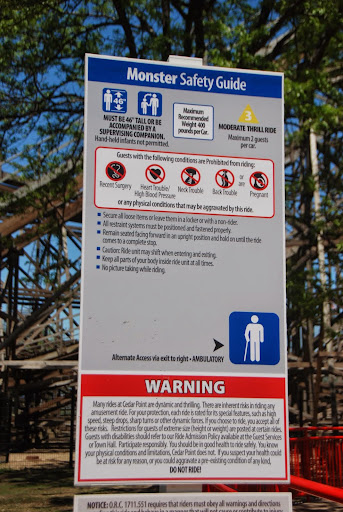 Safety and accommodations sign at Cedar Point. This one is for the Monster Ride