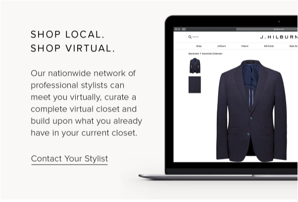 screenshot of J.Hilburn's website showing Shop Local Shop Virtual, where customers can meet virtually with professional stylists