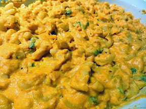 Pumpkin Mac and Cheese Recipe: After making the cheese sauce, stir it into the pasta until well mixed, then pour into a baking dish