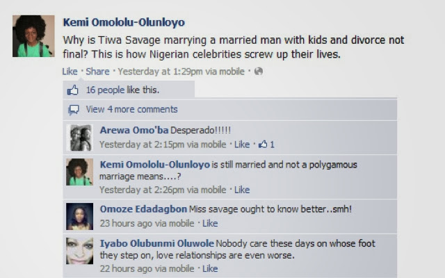 Kemi Omololu-Olunloyo DISSES Tiwa Savage On Facebook, ASK's Why Tiwa Is Marrying A Married Man With Kids 6