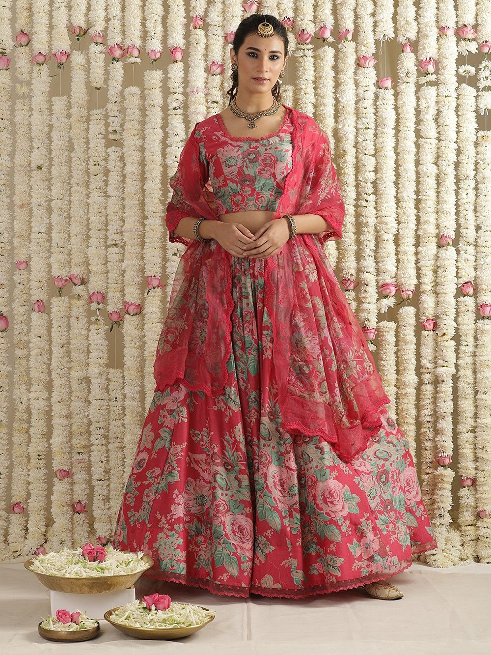 the loom - Pink Floral Printed Chanderi Lehenga
