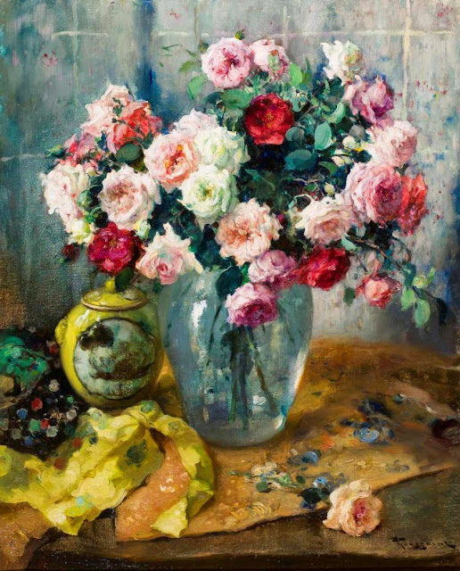 Fernand Toussaint - Still Life with Roses and Porcelain