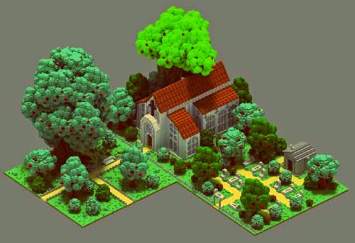 iglesia y cementerio medieval iglesia del medievo en voxelart