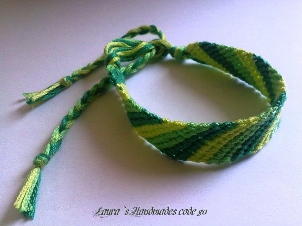 Laura S Handmade Friendship Bracelet Candy Stripe Pattern Dark Light Green And Yellow Color