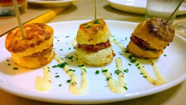 Amuse at our Thanksgiving Dinner at the girl & the fig of country biscuit with house cured ham and mustard aioli