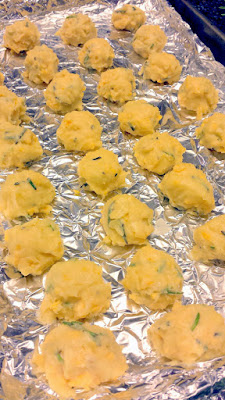 Cheddar Rosemary Gougeres dough, after forming it into the balls and now ready to freeze. If I was baking them I would have spaced these much farther apart