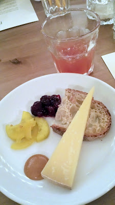 Flight Dessert Bar, Midwestern Roots Menu Course 1 Pleasant Ridge Reserve by Uplands Cheese, bread and butter pickles, cranberry jam, Beaver Sweet Hot mustard, house crackers. This was paired with tyler mackie's brandy old fashioned.
