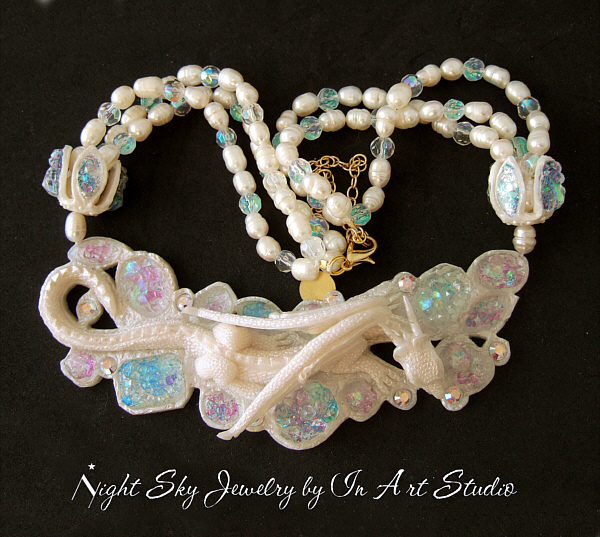 White Pearl Dragon Jewelry Dragon Necklace - AB Crystals