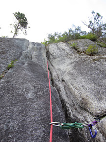 Start of pitch 2 (5.8).  Aaron stuck to the dirty corner on the right instead of heading up the cracks on the left