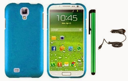 Samsung Galaxy S4 i9500 Accessory - Premium Plain Color Protector Hard Cover Case / Car Charger / 1 of New Metal Stylus Touch Screen Pen (Cool Blue)