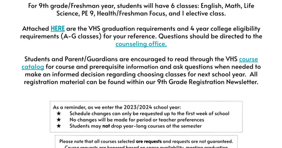 VHS 2023-2024 9th Grade Course Selection
