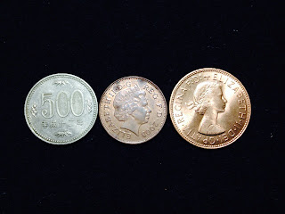OLD ONE PENNY ELIZABETH2 and TWO PENNY AND 500YEN