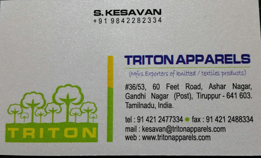 Triton Apparels, 36/53, 60 Feet Rd,Ashar Nagar, Post, 641603, Gandhinagar, Velampalayam, Tiruppur, Tamil Nadu 641603, India, Produce_Wholesaler, state TN