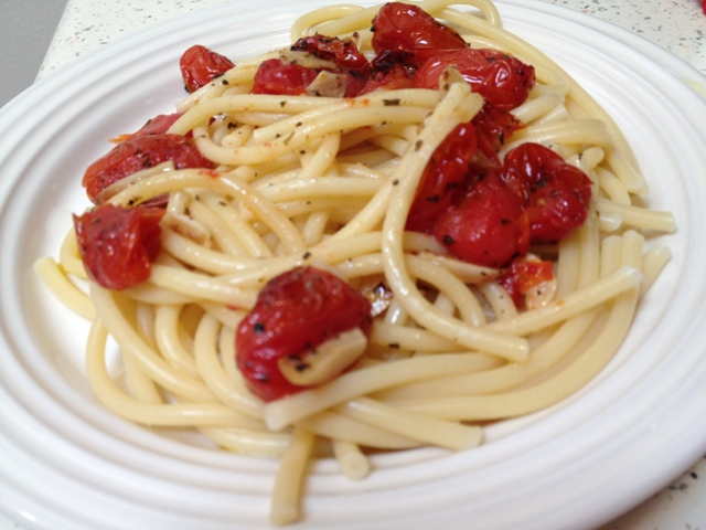 Bucatini pasta with oven roasted grape tomatoes