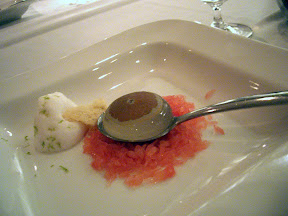 Moto, Grapefruit dish, this is actually designed to be like a gin and tonic-that's what that liquid ball which bursts in your mouth is, the gin and tonic part. This is balanced by the frozen pieces of grapefruit below and the creme fraiche and toasted coconut flake. I like the touch of how the gelatinous gin and tonic has a picture of a grapefruit somehow