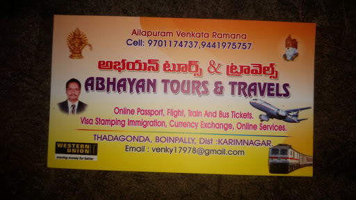 ABHAYAN TOUR& TRAVELS, THADAGONDA, BOINPALLY, RAJANNA SIRICILLA, Telangana 505524, India, Travel_Agents, state TS