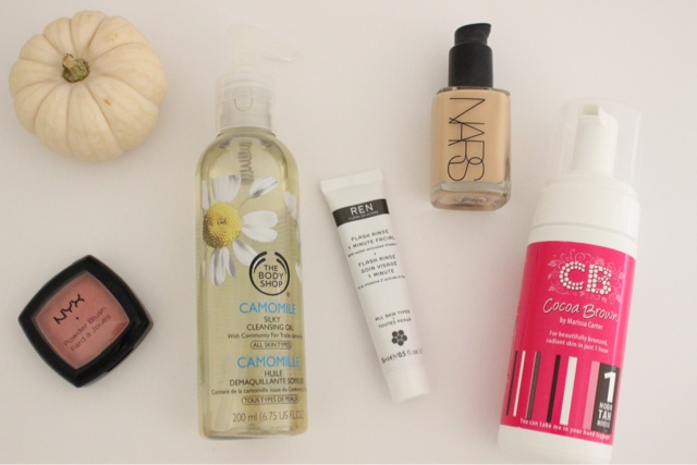 October Favourites: The Body Shop Chamomile Cleansing Oil, NYX Blush in Mauve, Ren Flash Rinse 1 Minute Facial, Nars Sheer Glow in Punjab, Cocoa Brown 1hr Tan Mousse.