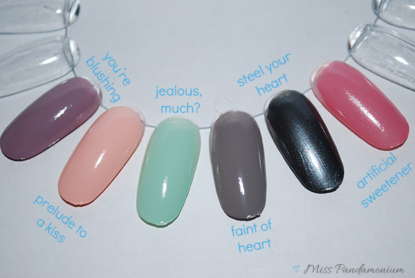 swatches collezione orly you're Blushing, Prelude to a Kiss, Jealous, Much?, Faint of Heart, Steel Your Heart, Artificial sweetner