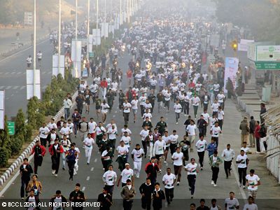 Participants during the 4th edition of Jaipur marathon, held in the city.