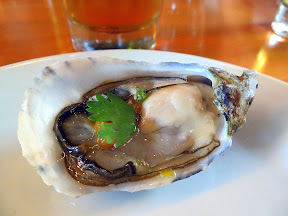 Starter of Shigoku oysters, tomato, fish sauce, lime, cilantro, paired with Newport Summer Ale, Smallwares PDX, Breakside Brewery, Smallwares and Breakside Beer Dinner