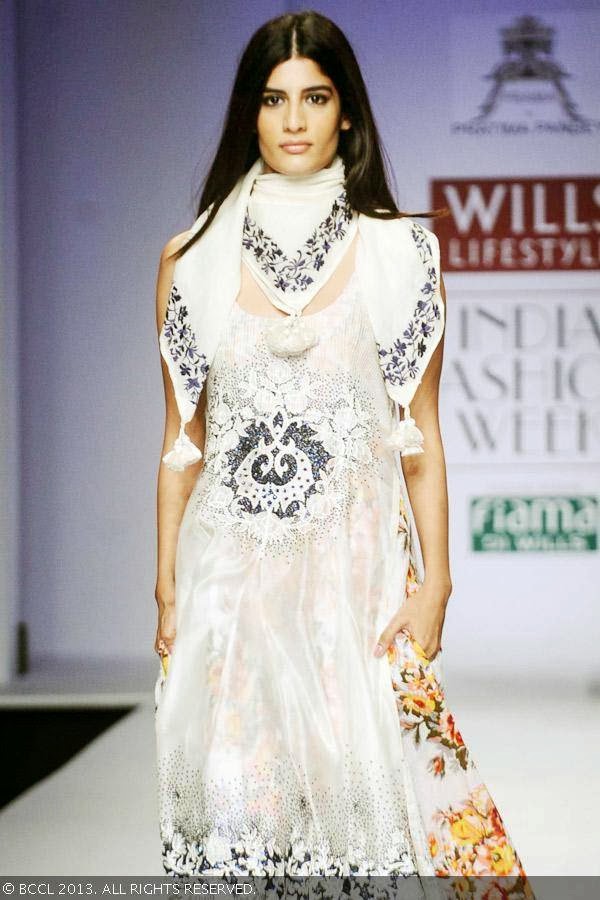 Erika showcases a creation by fashion designer Pratima Pandey on Day 3 of Wills Lifestyle India Fashion Week (WIFW) Spring/Summer 2014, held in Delhi.