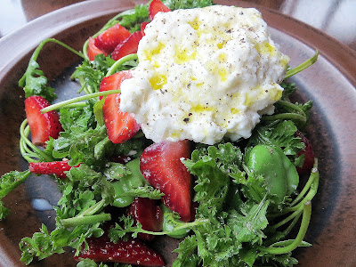 Accanto PDX, Burrata with strawberries, favas, wrinkle crinkle crumple cress
