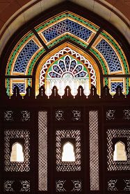 Glass and wooden work inside the female prayer room of Sultan Qaboos Grand Mosque, Muscat