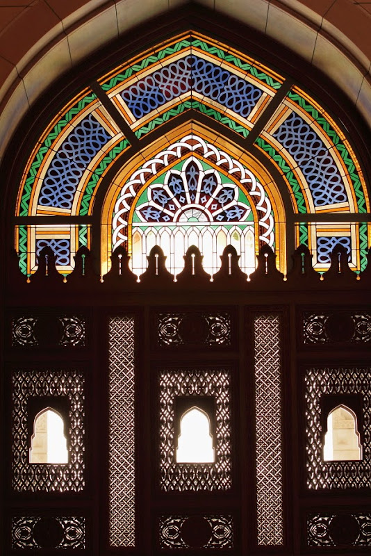 Glass and wooden work inside the female prayer room of Sultan Qaboos Grand Mosque, Muscat