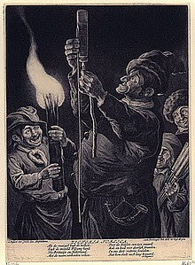 Klik hier: Oude man steekt vuurpijlen af met drie vrolijk helpende kinderen, 1695, J.Gole pyrotechniek vuurwerk ipa