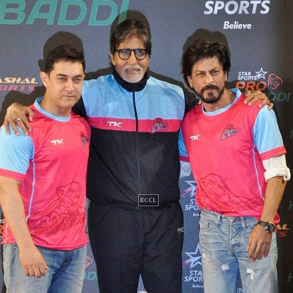 Aamir Khan, Amitabh Bachchan and Shah Rukh Khan attend the opening match of Pro-Kabbadi League, held in Mumbai, on July 26, 2014. (Pic: Viral Bhayani) 