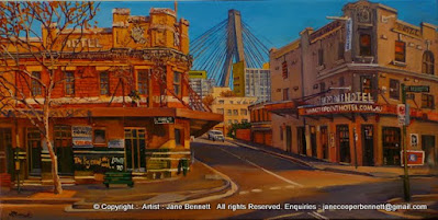 Plein air painting of the Terminus Hotel and the Point Hotel corner of John Street and Harris Street Pyrmont painted by industrial heritage artist Jane Bennett