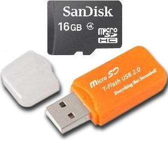 Sandisk 16GB Micro SDHC Class 4 TF Memory Card for HTC EVO Shift 4G EVO 4G with Everything But Stromboli Micro SD Orange Card Reader - Bulk Packed