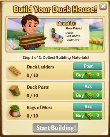 farmville 2 duck house building requirement