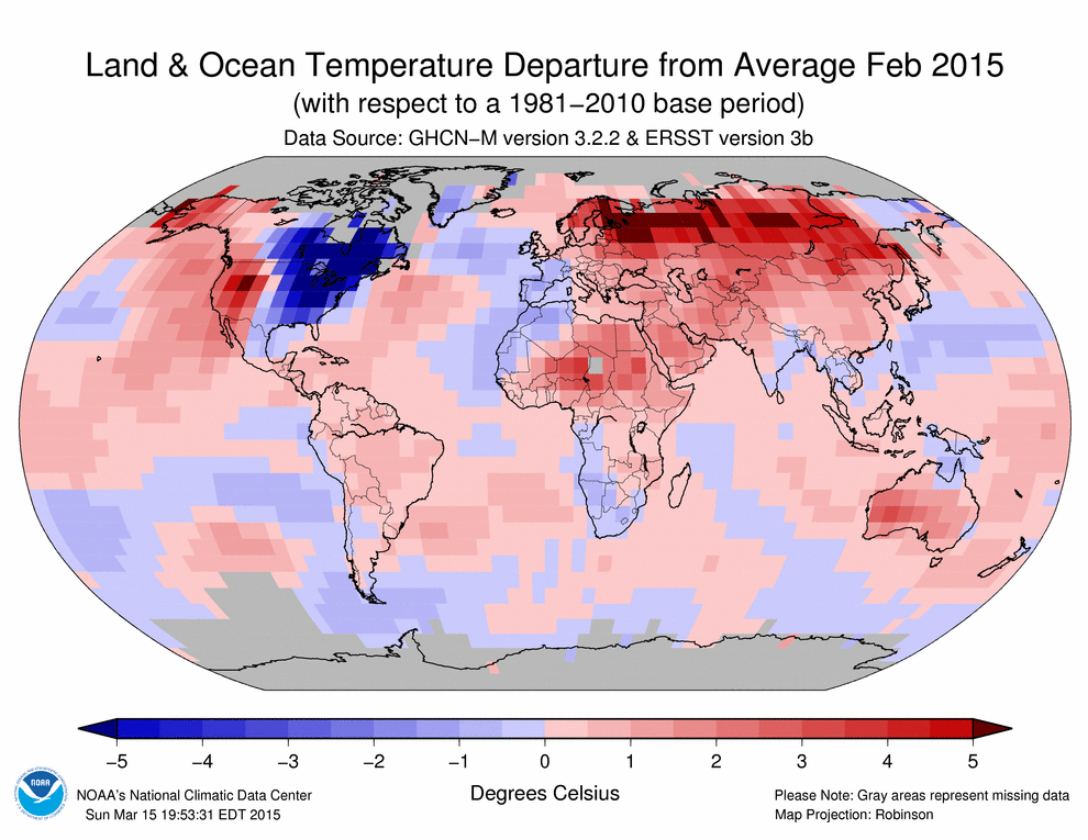 Informe climático de la Tierra. Febrero de 2015 el 2º más cálido desde 1880