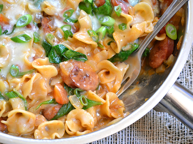 Close up of Creamy Spinach and Sausage Pasta 