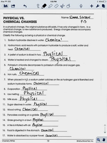 Chemistry Assignments : Physical v Chemical change worksheet