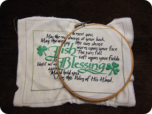 The small black text on this piece was all done with regular cotton thread. The green Irish Blessing and shamrocks were done with embroidery floss. The small black text on this piece was all done with regular cotton thread. The green Irish Blessing and shamrocks were done with embroidery floss.