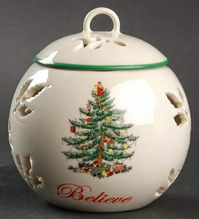  Spode Christmas Tree-Green Trim Believe Pierced Friendship Ball  &  Lid, Fine China Dinnerware