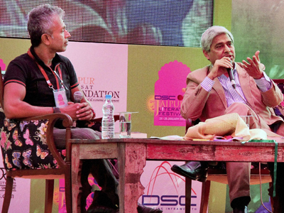Vikas Swarup and Ashok Ferry during a session at Jaipur Literature Festival.